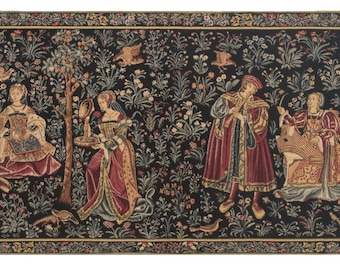 Galanterie Medievale Medieval Gallantry BELGIAN jacquard woven lined tapestry wall hanging, 17x35 inch Backed tunnel for easy hanging