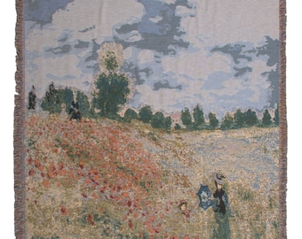 Monet’s Coquelicots Tapestry Throw 58x58 inch – Blue Sky & Poppies Blanket – Floral Throw Square Art Decor