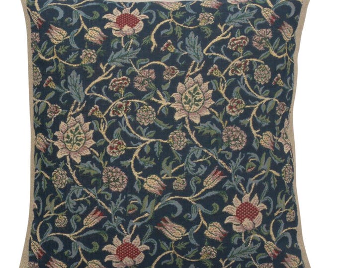 William Morris Blue Fleurs Tapestry Pillow Cover - Decorative Jacquard Woven Cushion Cover - Throw Pillow Case 16x16