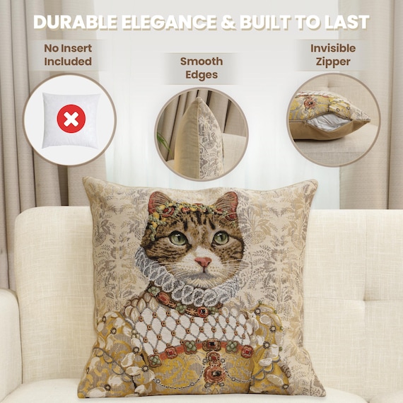 Grey Cat Sisi Tapestry Pillow Cover: Belgian Woven Cotton, 18x18 Inch