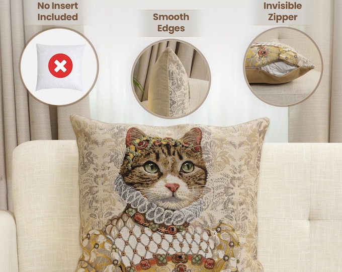 Grey Cat Sisi Tapestry Pillow Cover: Belgian Woven Cotton, 18x18 Inch