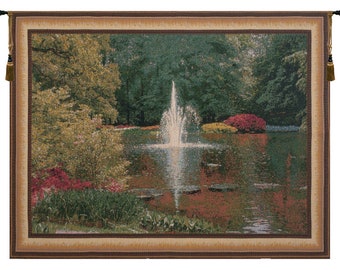 Keukenhof V European Wall Tapestry - Floral Garden Wall Hangings with Water Scene - Gobelin Woven Wall Art