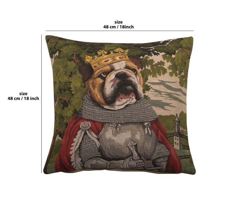 Housse de coussin chien Arthur belge, 18 x 18 tissée en Belgique décoration bouledogue, coussin, tapisserie armure de chevalier médiéval cadeau unique image 2