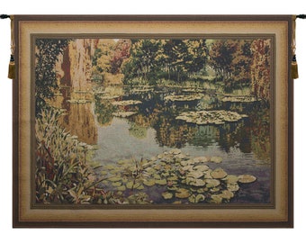 Lake Giverny Light With Border European Wall Tapestry - Floral Lily Pond Woven Wall Décor Art - Decorative Jacquard Wall Hanging