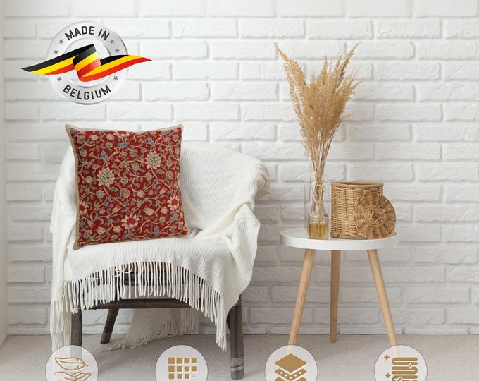 William Morris Fleur-de-Lis Red Tapestry Cushion Cover - Woven Gobelin Art Pillow Case 16x16 inch