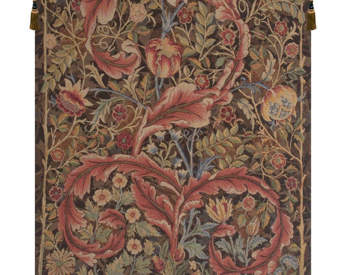 William Morris Acanthe Brown Tapestry French Woven Acanthus Floral Vintage Wall Hanging Decor