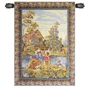 May include: A tapestry depicting a rural scene with a small cottage, a river, and figures washing clothes. The tapestry has a detailed border with floral and geometric patterns in shades of blue, green, and gold.