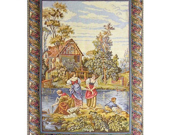 Francois Boucher Wall Tapestry Washing by the Lake Vertical Wall Art, European Bedroom Wall Decor, Woven Tapestry Wall Hanging Gift For Her