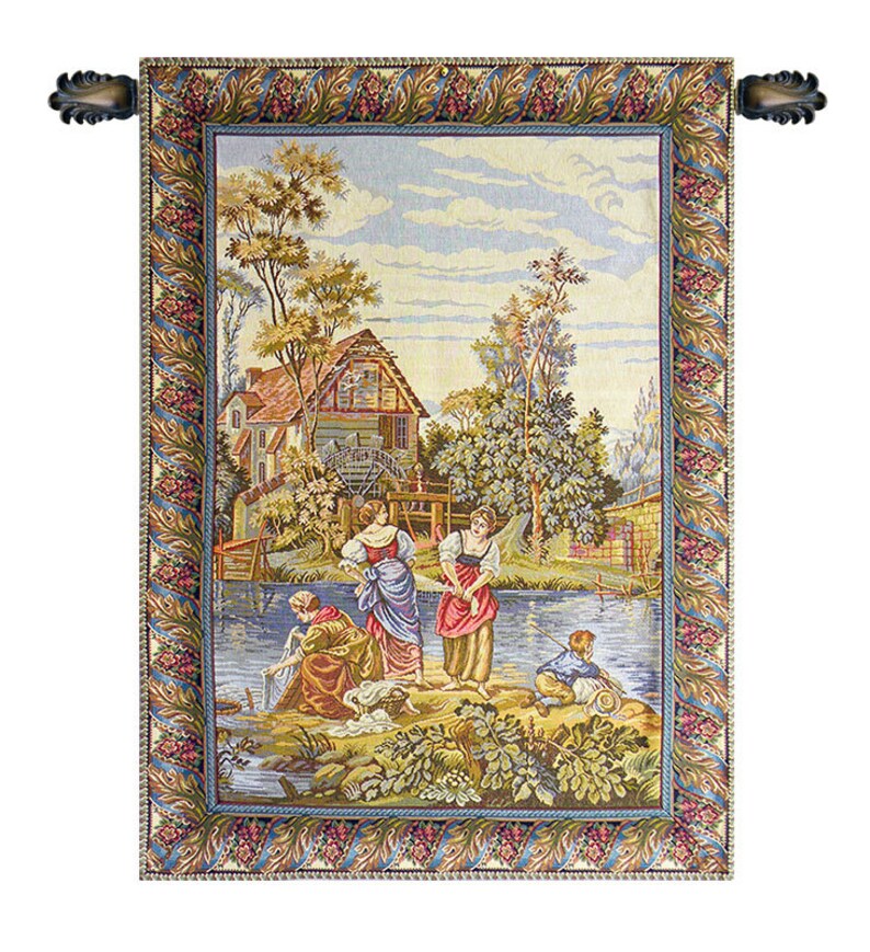 May include: A tapestry depicting a rural scene with a small cottage, a river, and figures washing clothes. The tapestry has a detailed border with floral and geometric patterns in shades of blue, green, and gold.