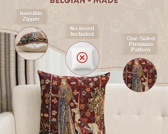 Taste III Belgian Tapestry Pillow Cover 16x16 inch – Medieval Lady and Unicorn Decorative Pillow Cover – Woven Throw Pillow Case