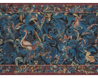 Animals Aristoloches Blue European Wall Tapestry - Floral and Leaves Wall Decor Art - Jacquard Wall Hanging - Woven French Wall Tapestry