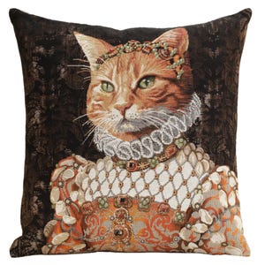 Belgian Woven Ginger Cat Tapestry Cushion Cover, Royal Pet Throw Pillow (18x18)
