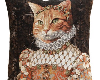Belgian Woven Ginger Cat Tapestry Cushion Cover, Royal Pet Throw Pillow (18x18)