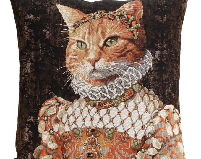 Belgian Woven Ginger Cat Tapestry Cushion Cover, Royal Pet Throw Pillow (18x18)