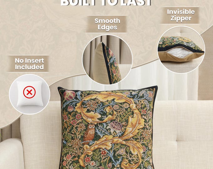 William Morris Tapestry Pillow Cover: Owl & Pigeon Design, Belgian Woven 18x18
