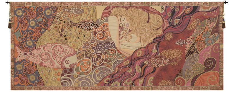 May include: A tapestry with a colorful abstract design featuring a woman with long blonde hair, fish, and swirling patterns in shades of red, orange, yellow, brown, and purple.