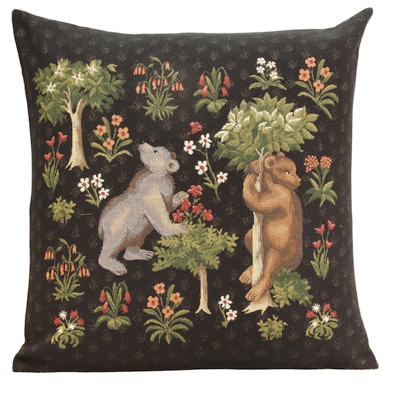 Forest Bears Tapestry Pillow Cover: Belgian Jacquard Woven Cotton (18x18 inch)