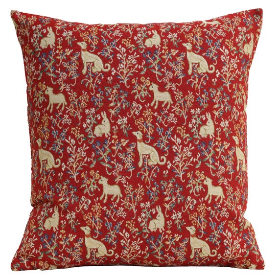 Red Rabbit Tapestry Pillow Cover: Medieval Animal Art, Jacquard Woven
