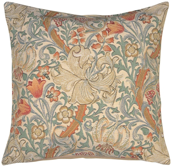 Golden Lily Tapestry Pillow Cover 18x18 - Belgian Jacquard Floral Couch Cushion Case - Decorative Woven Throw Pillow Cover for Sofa or Bed
