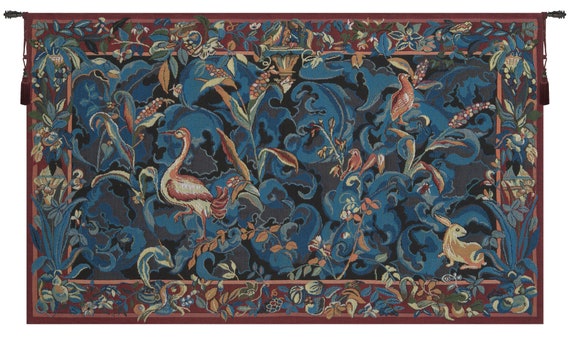 European Jacquard Aristoloches Tapestry: Blue Floral Forest Scene with Animals and Birds