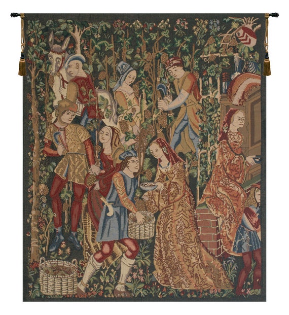Vendages Tapestry: Medieval Wine Harvest, Millefleurs Art (42x34 inch)