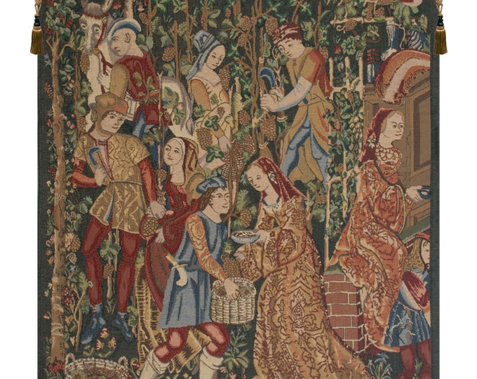 Vendages Tapestry: Medieval Wine Harvest, Millefleurs Art (42x34 inch)