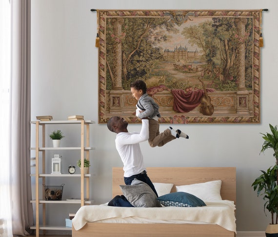 Woven Jacquard Tapestry: Antique European Castle Landscape - Medieval Wall Hanging
