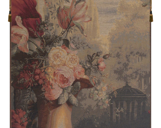 Vintage European Floral Kiosk Wall Tapestry - Decorative Woven Medieval French Hanging Art