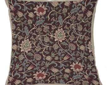 William Morris Tapestry Cushion Cover: Fleur de Morris Damson Floral Pillow (16x16 Inch)