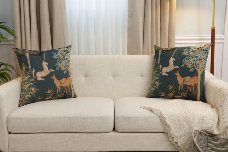 Enchanting Unicorn Forest Tapestry Cushion Cover - French Woven Decorative Pillow Case 19x19 inch image 8