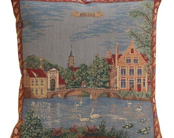 Belgian Brugge Minnewater Tapestry Cushion Cover 18x18 Woven Belgium