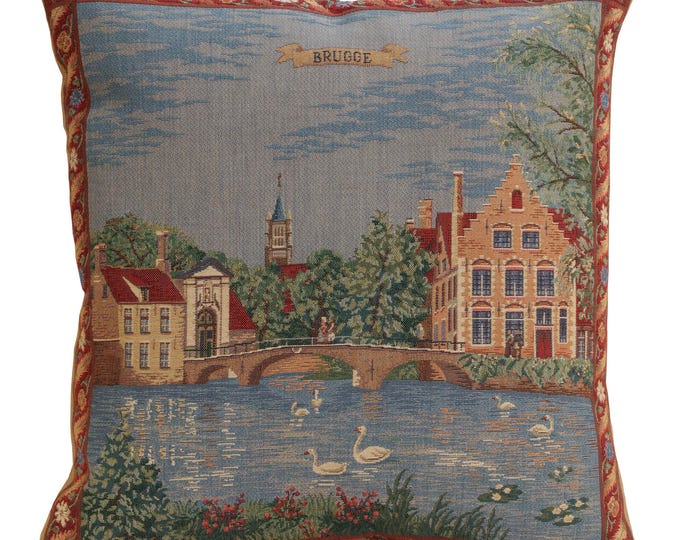 Belgian Brugge Minnewater Tapestry Cushion Cover 18x18 Woven Belgium