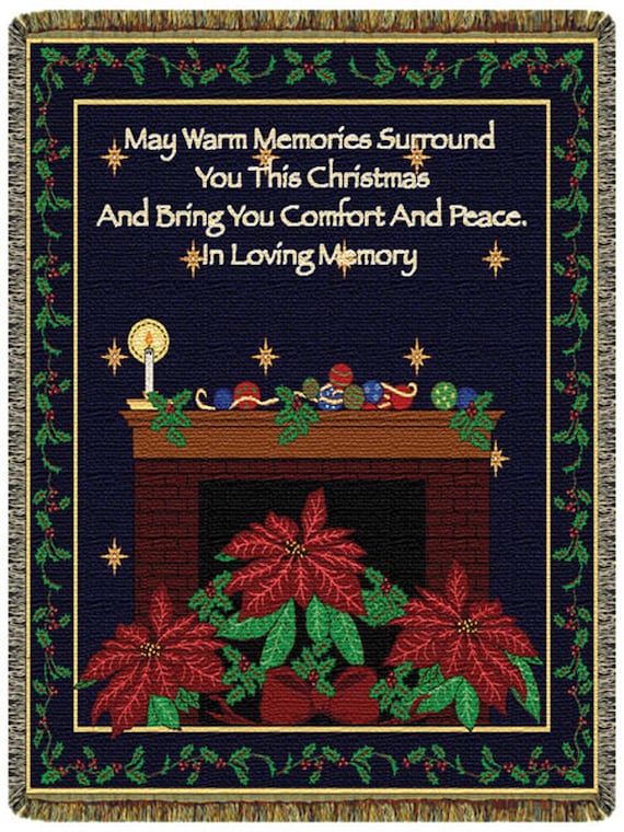 Christmas Memories Tapestry Throw: Fireplace & Poinsettia Print (52x68 inch)
