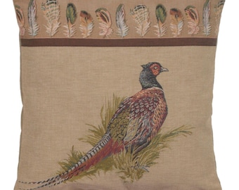 Pheasant French Tapestry Cushion Cover 19x19 inch - Jacquard Woven Decorative Pillow Cover - Elegant Throw Pillows Case for Home