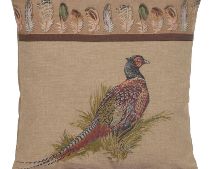 Elegant Pheasant French Tapestry Cushion Cover 19x19  - Jacquard Woven Decorative Throw Pillow Case