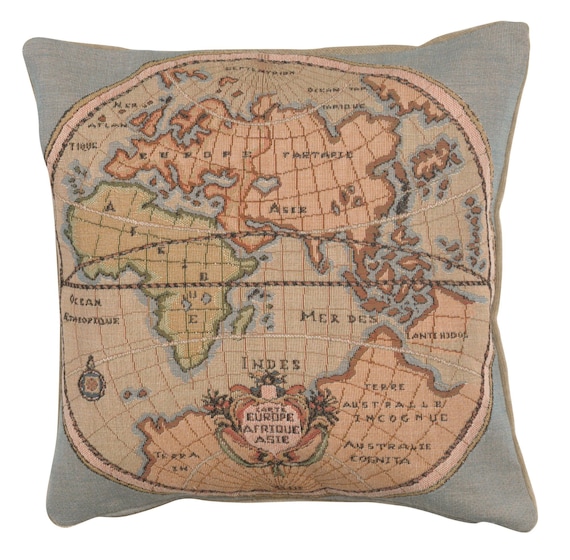 French Tapestry Map Cushion Cover: Europe, Asia, Africa (14x14 inch)