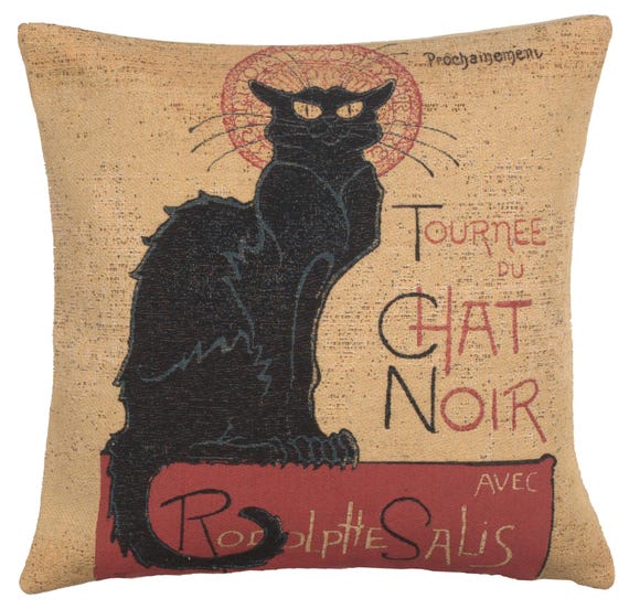 Chat Noir Tapestry Pillow Cover: Vintage French Black Cat Decor (14x14 inch)
