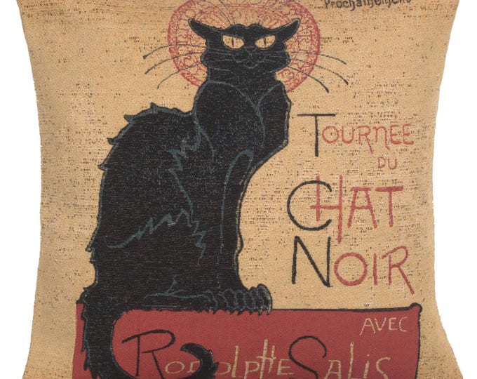 Chat Noir Tapestry Pillow Cover: Vintage French Black Cat Decor (14x14 inch)