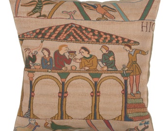 Housse de coussin tapisserie européenne Le Repas de Bayeux - Housse de coussin tissée pour canapé français 19 x 19 pouces - Housse de coussin décoratif Bayeux Art