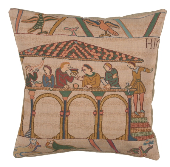Bayeux Tapestry Cushion Cover: Le Repas Woven Jacquard Pillow (19x19 inch)