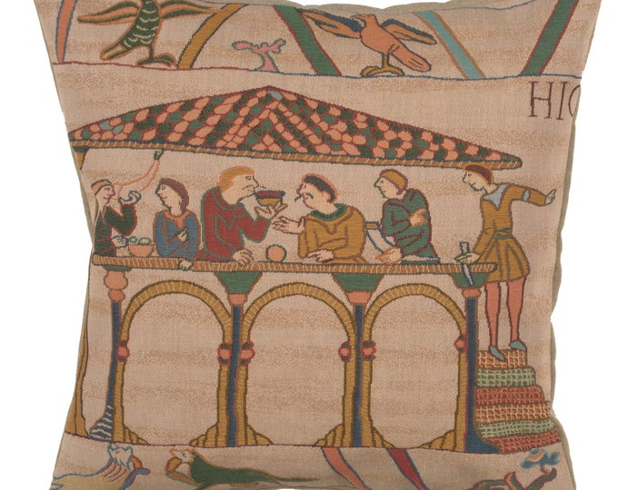 Bayeux Tapestry Cushion Cover: Le Repas Woven Jacquard Pillow (19x19 inch)