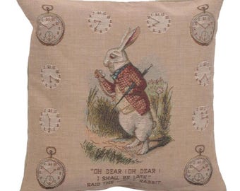 The Late Rabbit Alice In Wonderland I Tapestry Cushion Cover - 14x14 inch Woven French Pillow Cover - Throw Decorative Cushion Cover
