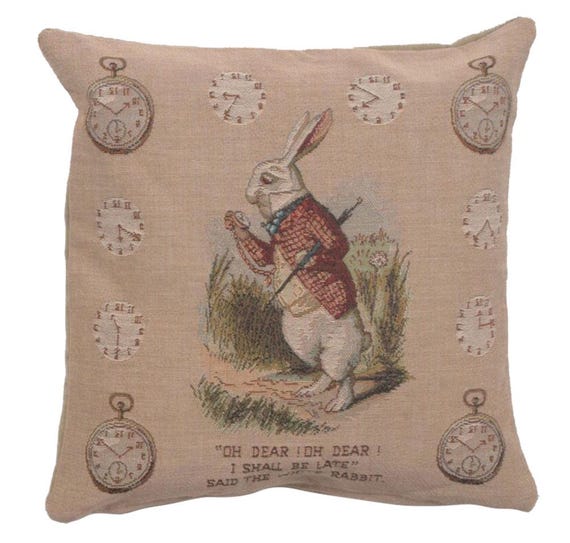 Alice in Wonderland Tapestry Cushion Cover: Woven Rabbit Pillow, 14x14 inch