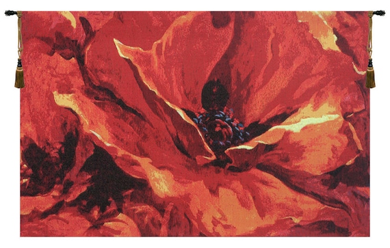 Floral Wall Tapestry: "These Dreams" Red Flower Art, Woven in Belgium