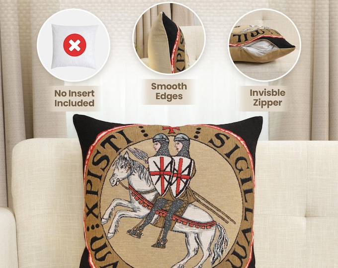 French Templier Seal Woven Tapestry Pillow Cover - Jacquard Decorative Cushion for Sofa (18x18 inch)