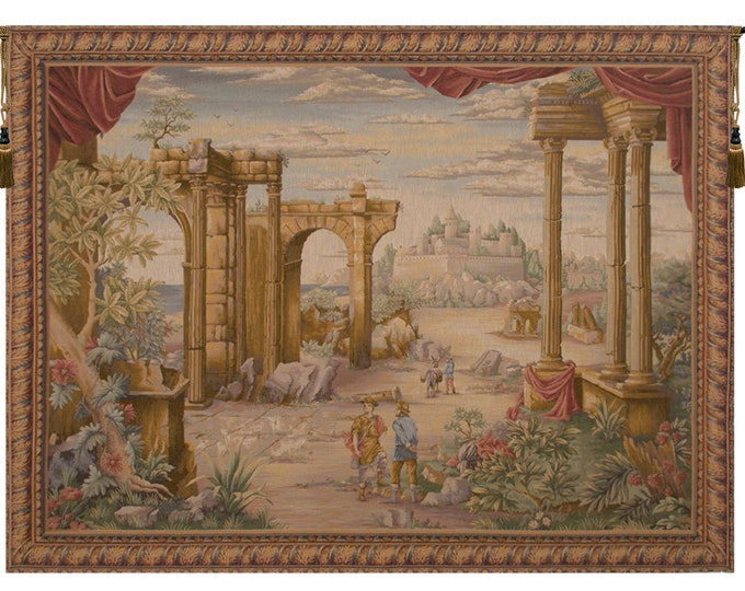 French Landscape Jacquard Wall Tapestry: Medieval Castle Art (58x76 inch)