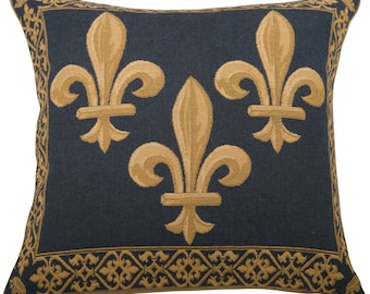 Fleur de Lys Blue Tapestry Pillow Cover 18x18 Inch - Belgian Jacquard Woven Cushion Case - Decorative Home Throw Pillow Cover