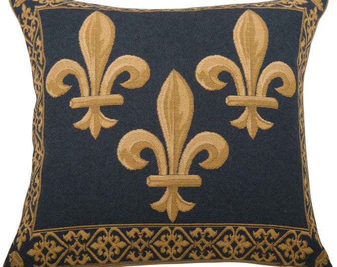Fleur de Lys Blue Tapestry Pillow Cover 18x18 Inch - Belgian Jacquard Woven Cushion Case - Decorative Home Throw Pillow Cover