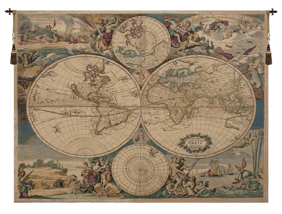 Historical World Map Tapestry: Italian Woven Wall Hanging (42x54 inch)