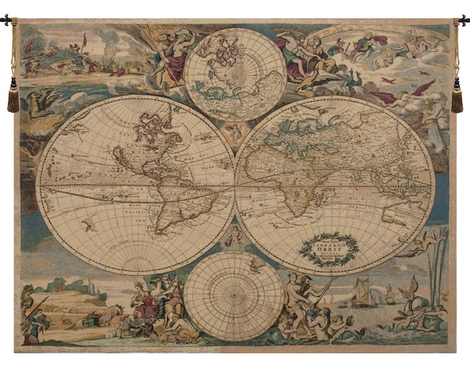 Historical World Map Tapestry: Italian Woven Wall Hanging (42x54 inch)